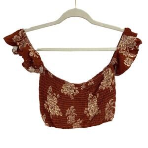Windsor S Brown Floral Crinkle Smocked Ruffle Strap Crop Top